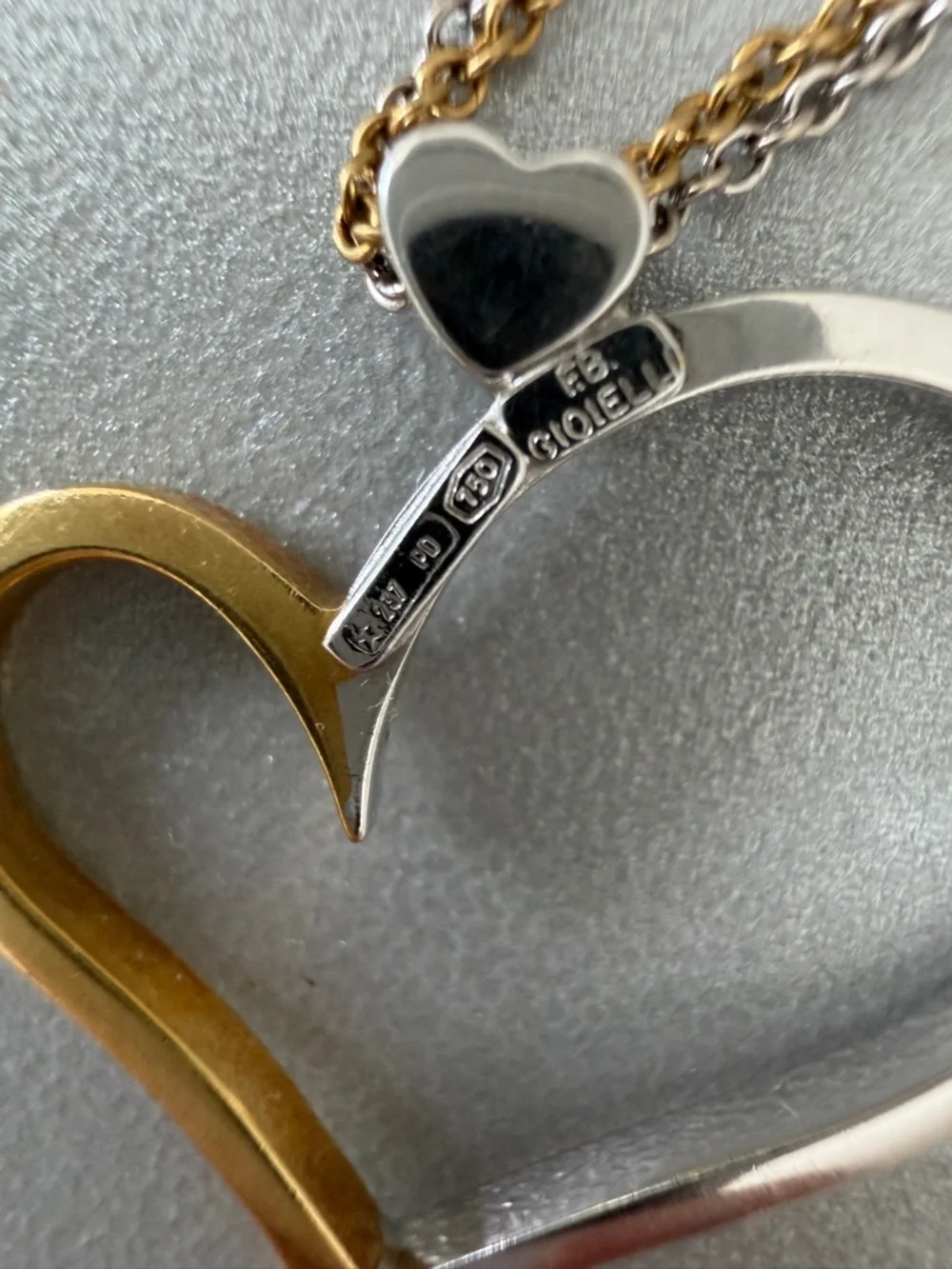 18K 750 Italian Two-Tone White & Yellow Gold Heart Necklace 17” FB Gioielli - Picture 5 of 7